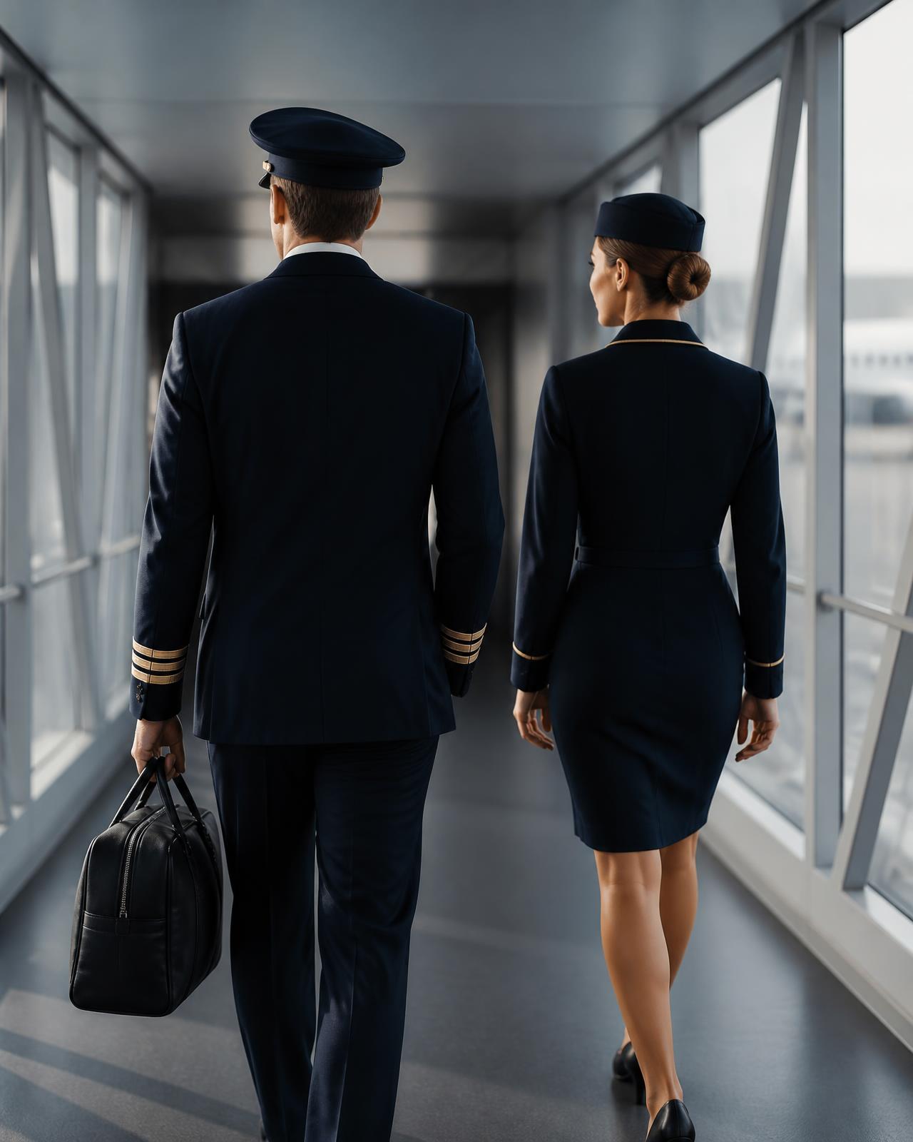 Airline captain and cabin crew member walking through an airport jet bridge